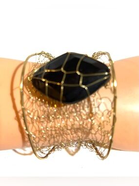 Gold Wire Mesh Cuff Bracelet with Black Faceted Stone